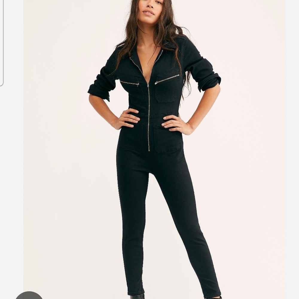 Free People Black Straight Leg Zip-Front Jumpsuit